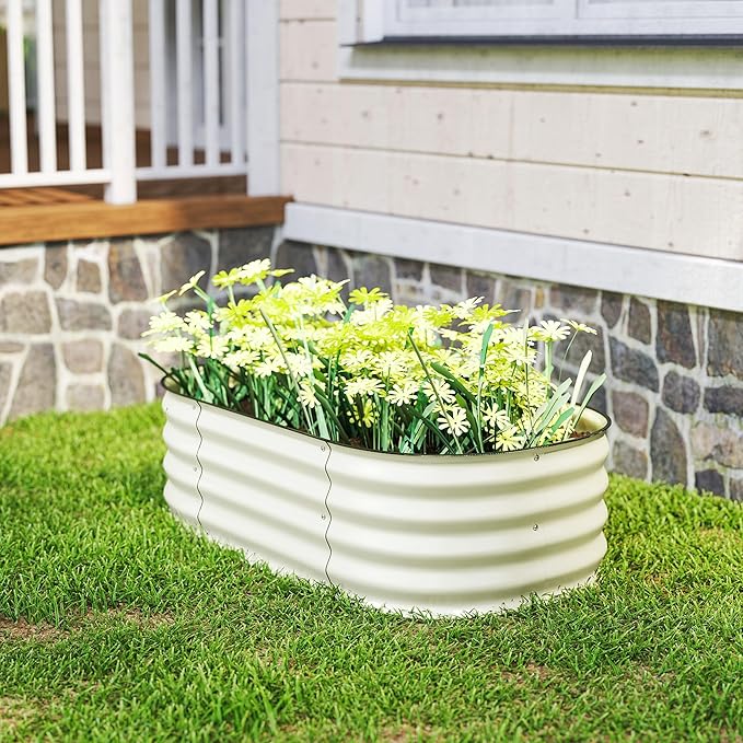Outsunny 3.5' x 2' x 1' Galvanized Raised Garden Bed Kit, Outdoor Metal Elevated Planter Box with Safety Edging, Easy DIY Stock Tank for Growing Flowers, Herbs & Vegetables, Cream