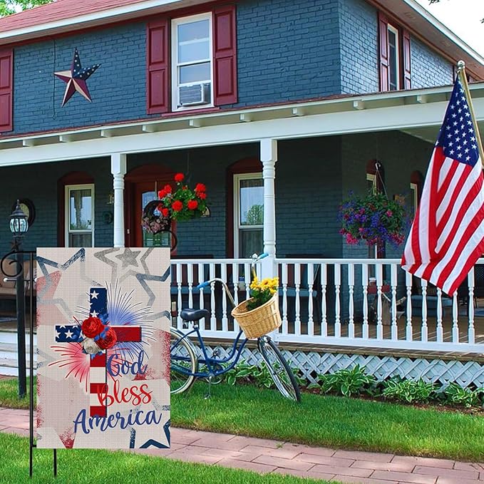God Bless America Stars and Stripes Garden Flag, Memorial Day 4th of July Patriotic Lily Cross Yard Outdoor Decoration 12x18 Inch Double Sided