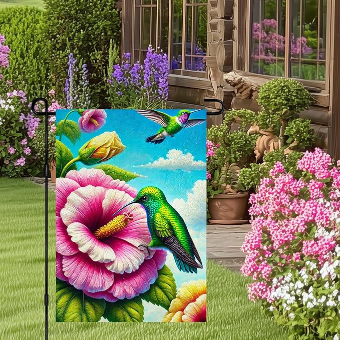 BlissYard Welcome Spring Summer Garden Flag Double Sided 12 x 18 Inch Hummingbird Bird Garden Yard Flag Flowers Seasonal Outside Outdoor House Decoration Floral Small Lawn Yard Home Decor