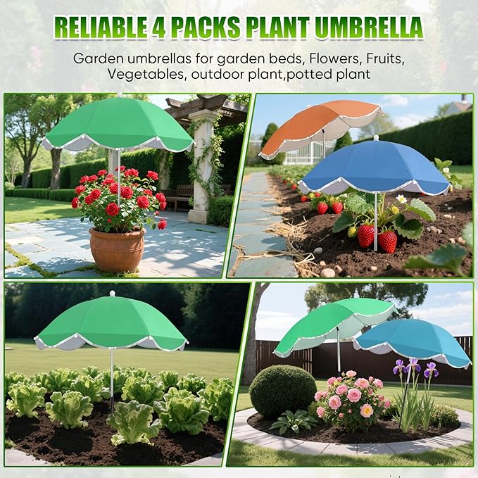 4Pack Plant Umbrellas for Outdoor, 24inch Plant Shades for Outdoor with Durable 39.5'' High M-Shaped Plug for Stronger Wind Resistanc Flower, Potted, Garden Beds
