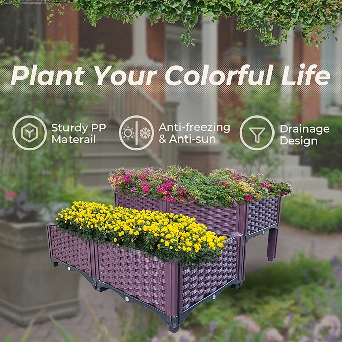 Doppy Plastic Raised Garden Bed Set of 4, Garden Bed Planter Kit for Outdoor Indoor Plants Elevated Garden Boxes Plant pots for Vegetables, Standing Garden Container for Backyard, Patio