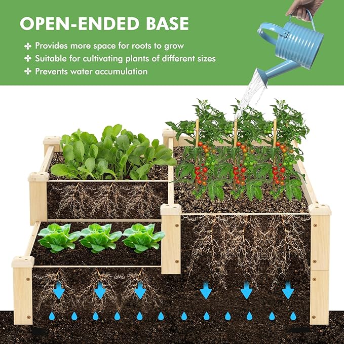 S AFSTAR 3-Tier Raised Garden Bed, Outdoor Elevated Planter Box for Vegetable Fruit Herb Flower Solid Fir Wood Planter Kit with Open-Ended Base, Gardening Planter for Garden Yard Lawn Backyard