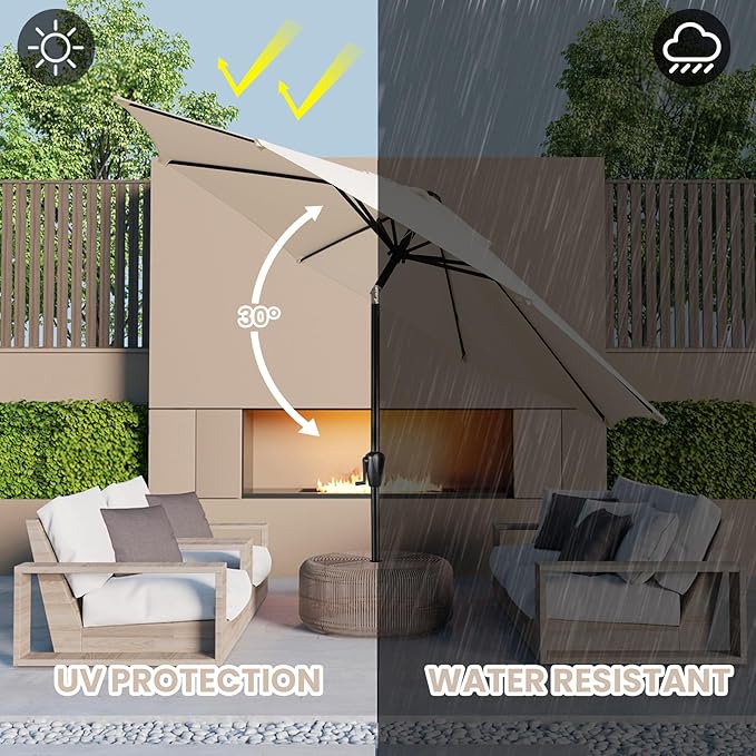 Sun-Ray 9' Round Patio Umbrella with Push-Button Tilt and Hand Crank Lift System, Market Umbrella for Porch, Deck, and Patio