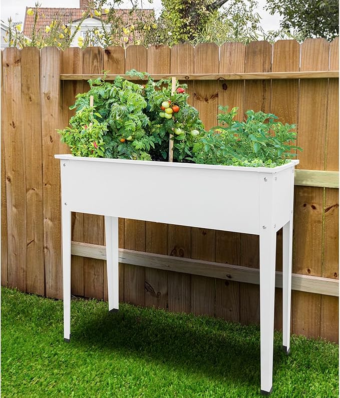 Hanover 39-In. Raised Garden Bed Planter Box with Legs for Flowers, Herbs and Vegetables, Powder-Coated Galvanized Steel Garden Box for Balcony, Patio, Porch, or Deck, White