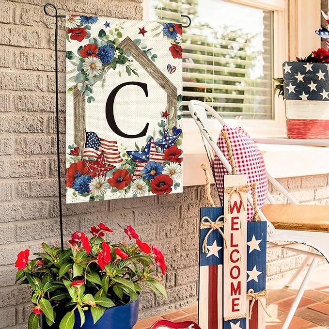 AVOIN colorlife Initial Letter C Monogram Patriotic Garden Flag 12x18 Inch Double Sided Outside, 4th of July Memorial Day Floral Family Last Name Yard Outdoor Decoration