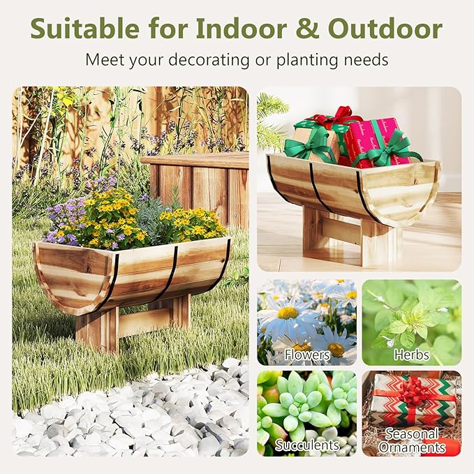 S AFSTAR 2 Pieces Acacia Wood Raised Garden Beds, Half-Barrel Planter Box with Legs, Drainage Gaps & Metal Bands, Rustic Plant Box Decorative Elevated Flower Pot for Indoor & Outdoor