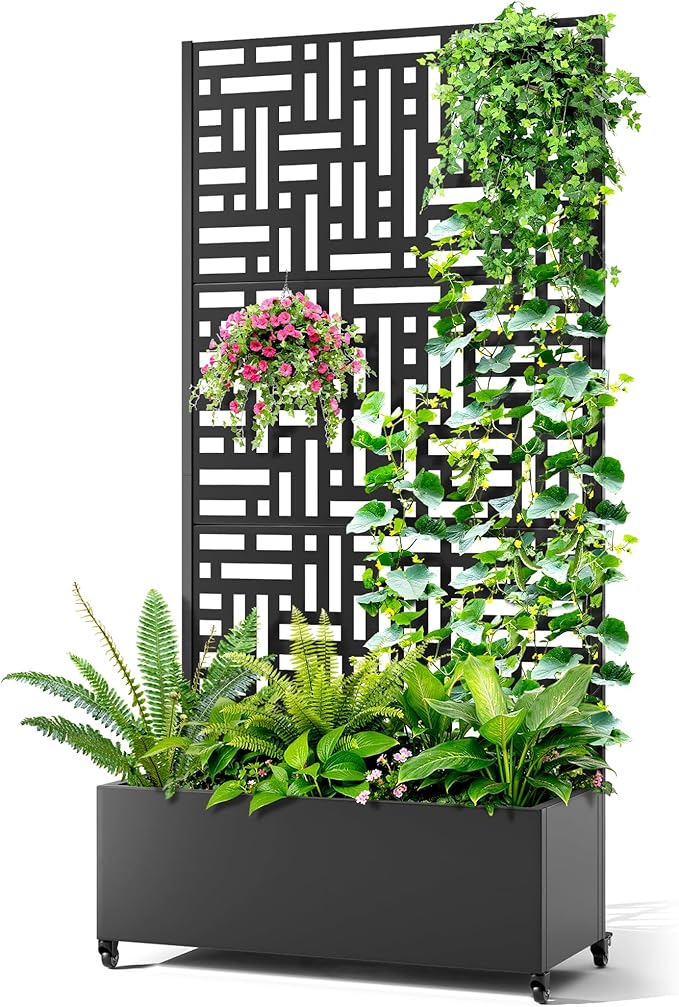 Metal Raised Garden Bed with Trellis, 2-in-1 Planter Box & Privacy Screen for Climbing Plants, Outdoor Standing Flower Bed with Drainage Holes, 35.4" L x 15.7" W x 70.1" H, Black-Helen