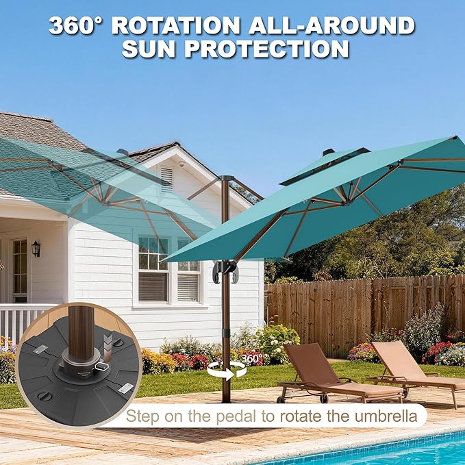 10x13FT Cantilever Outdoor Patio Umbrellas with Base, Double Top Wood Pattern Rectangle Umbrella, Heavy Duty 360°Rotation Offset Umbrella for Garden Deck Pool Patio, Turquoise