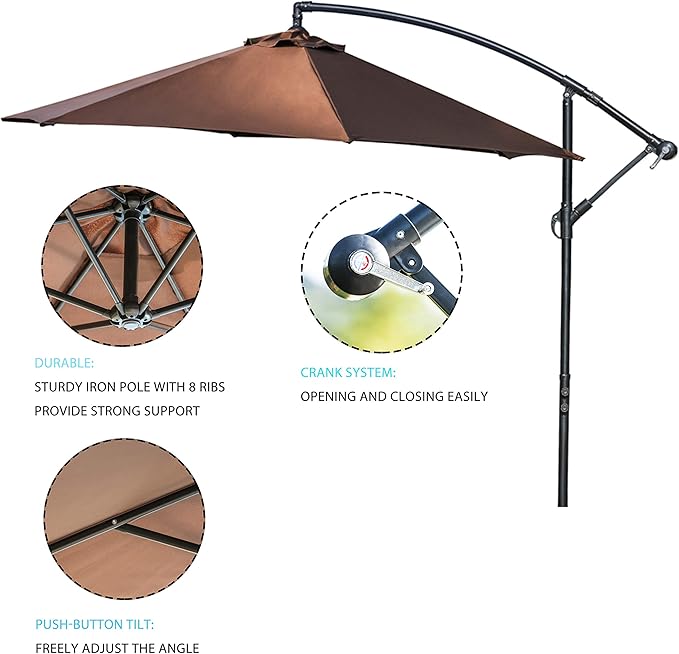 LOKATSE HOME 10 Ft Offset Patio Outdoor Umbrella Cantilever Hanging Market Umbrella Garden Umbrella with Crank & Cross Base (Brown)