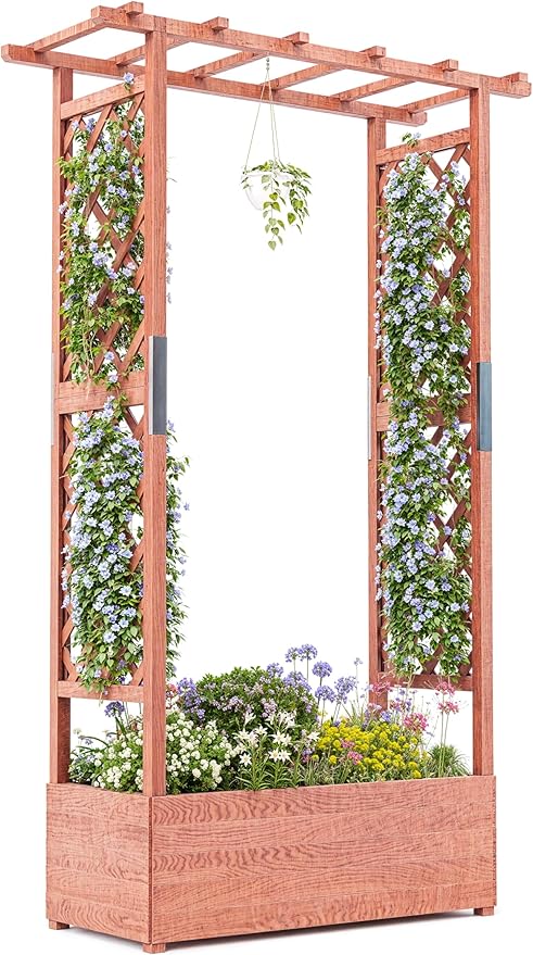 Elevated Garden Bed with Arch Trellis & Hanging Roof for Vine Climbing Plants, Wood Planter Box with Hanging Roof, Side Trellis, 4 Drainage Holes,Above Ground Raised Garden Bed, 43"x17"x72"