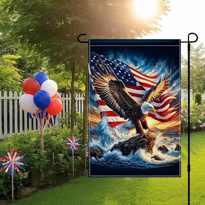 BlissYard Eagle Garden Flag 12x18 Inch Double Sided American Flag Bald Eagle Ocean Wave Burlap Garden Flag Farmhouse Yard Outdoor Banner for Porch Patio Lawn Independence Day Decoration
