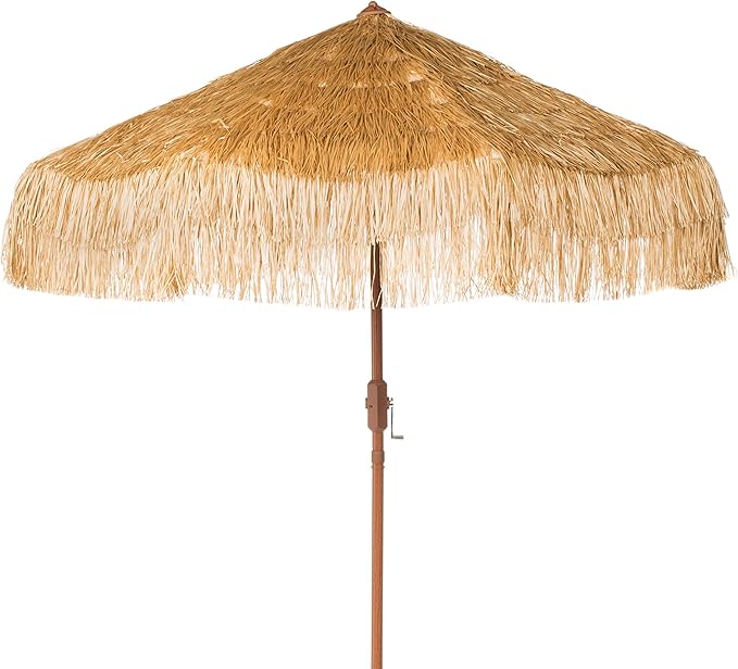 SAFAVIEH 9ft Outdoor Patio Umbrella, Tiki Collection, Tan, Crank, UV Resistant for Deck, Backyard, Pool (PAT8012A)