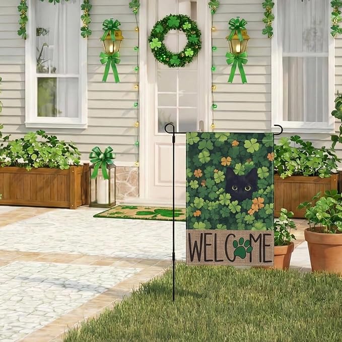 St Patricks Day Garden Flag, 12x18 Inch Double Sided Shamrock Black Cat Welcome Paw Print Design Home Decor Farmhouse Indoor Outdoor Yard Flag Decoration