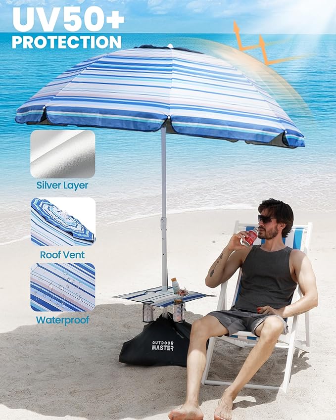 OutdoorMaster Beach Umbrellas for Sand with Sandbag & Anchor, 7.2ft Adjustable Umbrella for Beach Heavy Duty Wind, Portable UPF50+ Sunshade with Carry Bag for Patio