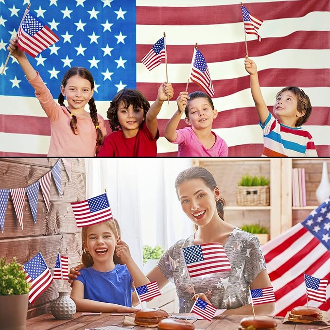 Tegeme 875 Pack Small American Flags on Stick 4 x 6 Inches Handheld Flags with Gold Spearhead for 250th Anniversary, 4th of July, Memorial Day, Parades Patriotic Party Lawn Outdoor Decor
