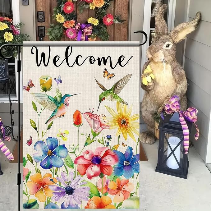 BlissYard Spring Summer Welcome Garden Flag 12 x 18 Inch Double Sided Hummingbird Spring Flowers Yard Flag Sparrow Bird Seasonal Yard Holiday Outdoor Flag Home Decor