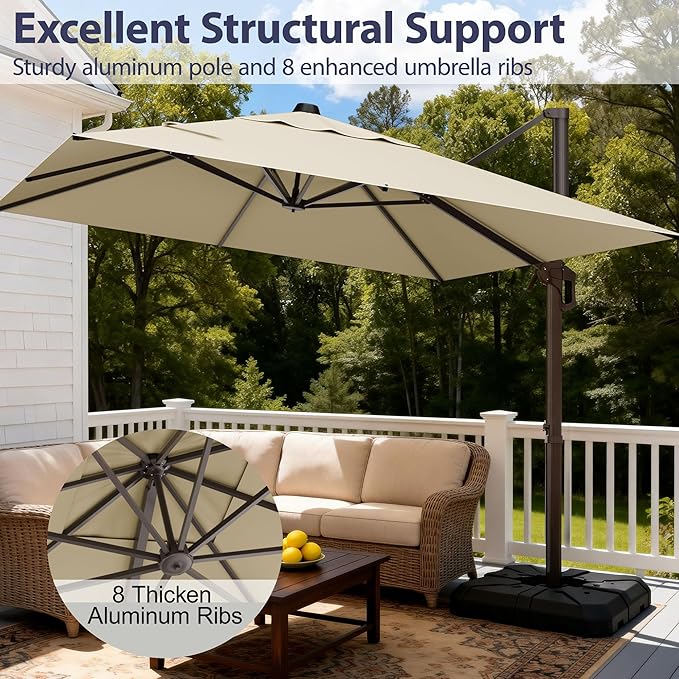 9' X 12' Cantilever Patio Umbrella Rectangle Outdoor Umbrella with Base Included, 6-Level Tilt & 360° Rotation Offset Umbrella for Garden, Deck, Pool (Beige)
