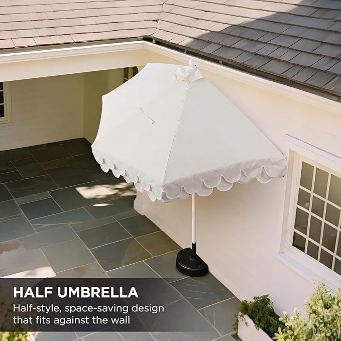 JONATHAN Y UMB1202C Terrace Arc 9 ft. Classic MidCentury Scalloped Fringe Market Patio Half Umbrella with Crank, Tilt Button and UV Protection in Cream/White, White Pole