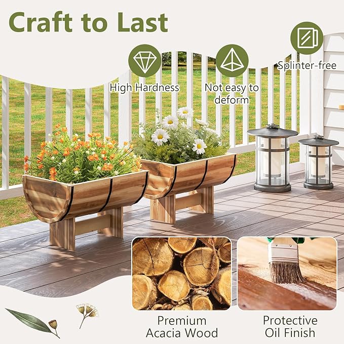 S AFSTAR 2 Pieces Acacia Wood Raised Garden Beds, Half-Barrel Planter Box with Legs, Drainage Gaps & Metal Bands, Rustic Plant Box Decorative Elevated Flower Pot for Indoor & Outdoor