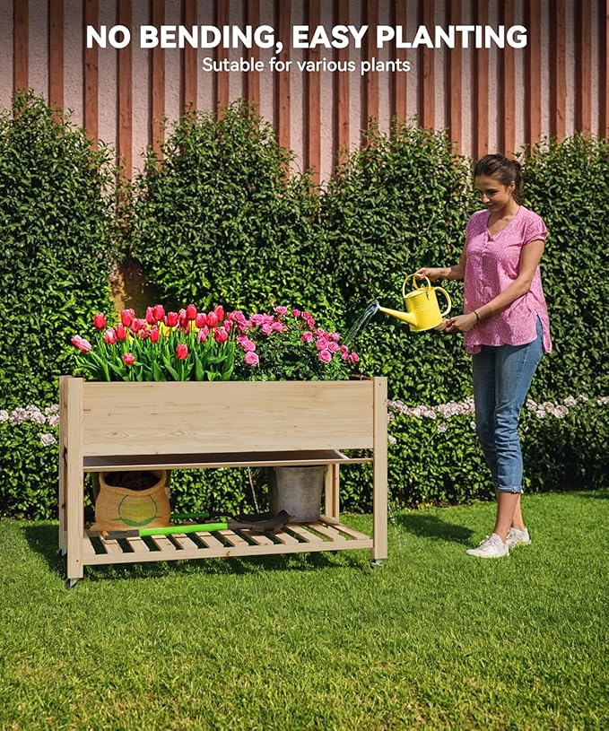 Wooden Plant Bed, Raised Garden Bed with Wheels, Storage Shelf & Protective Liner, Mobile Plant Bed for Vegetables, Herbs & Flowers, for Indoor Outdoor Garden Patio Balcony