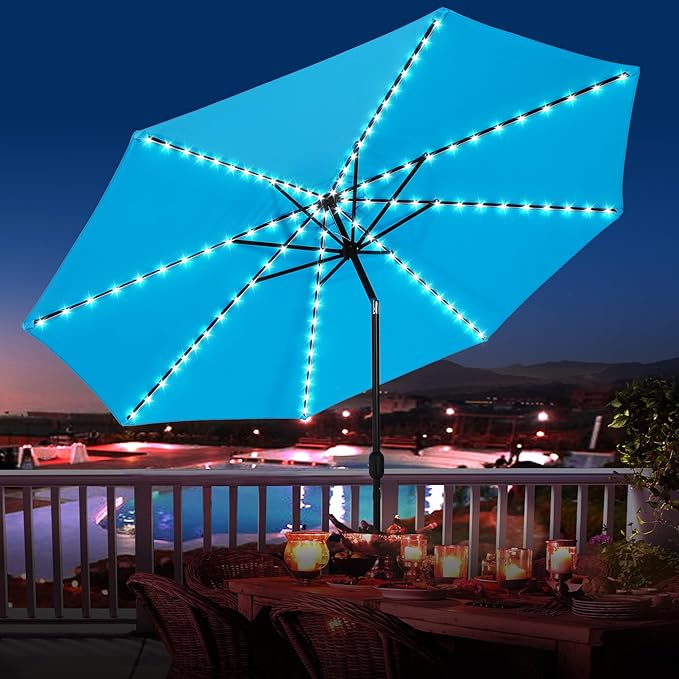 Sundale Outdoor Solar 104 LED 11 ft Patio Umbrella with Sand Bag Umbrella Base, Outdoor Umbrella with Tilt and Crank, Sky Blue