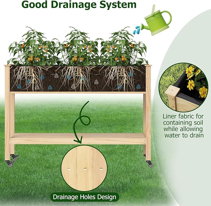 Giantex Mobile Raised Garden Beds Set of 2, Wood Planter Box with Wheels, Storage Shelf & Liner, 47”x23”x33” Rolling Raised Bed for Indoor Outdoor Plants, Vegetables Flower Herbs Fruit Gardening
