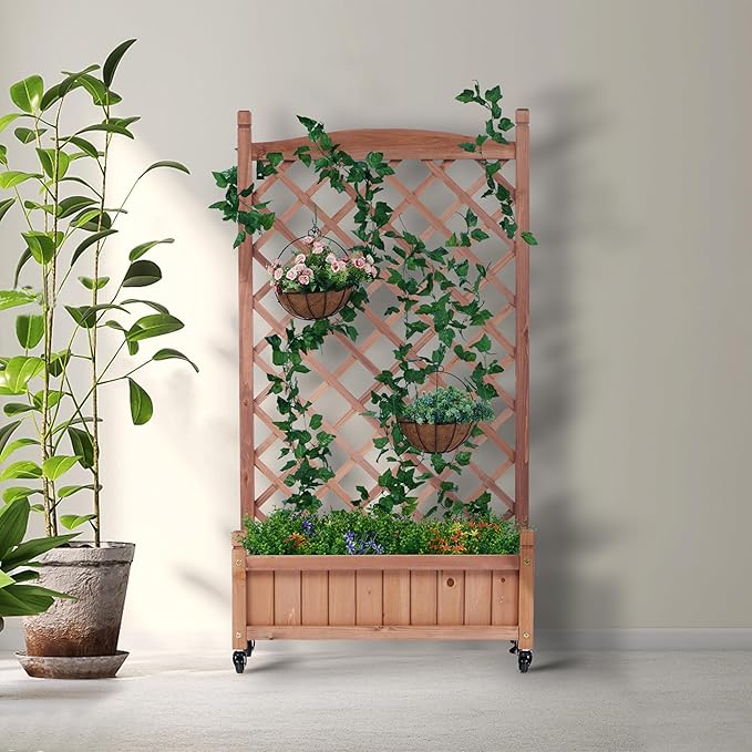 2-Pack Elevated Wooden Planter Boxes with Trellis & Wheels – Outdoor Raised Garden Beds for Climbing Plants, Vegetables & Flowers – Easy Assembly & Drainage, 11x25x42.3 Inch