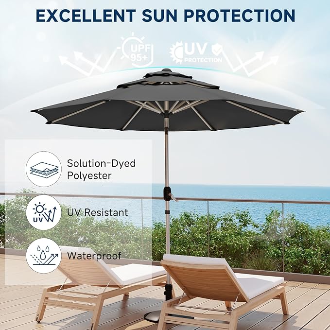 9FT 3-Tier Aluminum Outdoor Patio Umbrella, Fade-Resistant Market Umbrella with Push Button Tilt Function, 8 Sturdy All-Aluminum Ribs for Gardens, Patios, Backyards & Pools