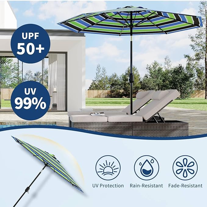 9 ft Patio Umbrella - 8 Sturdy Ribs Outdoor Table Umbrella with Crank Lift & Push Button Tilt - Market Umbrella for Pool, Deck, Yard, Garden - Tricolor Stripe