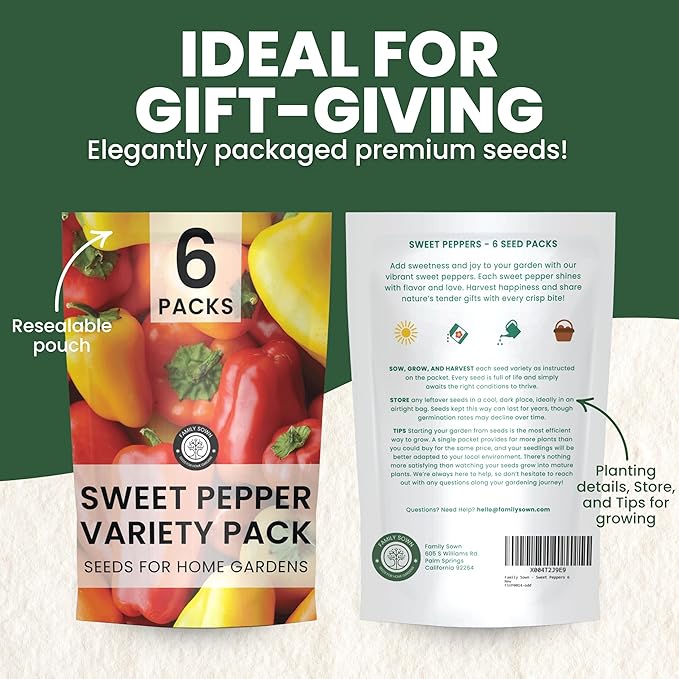 Sweet Pepper Seeds | 6 Individual Packs | 2026 Season | Non-GMO | Bell Pepper California Wonder, Purple Beauty, Sweet Banana & More! | for Planting Indoor & Outdoor | by Family Sown