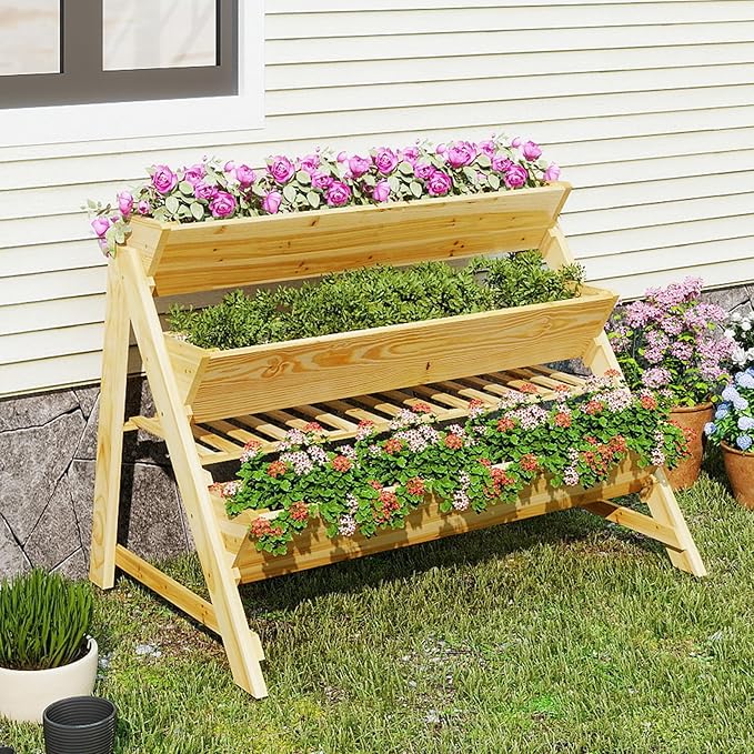 S AFSTAR 3-Tier Vertical Garden Bed, Wooden Elevated Planter Bed with Legs, Storage Shelf, 2 Hooks, Raised Bed Kit for Flower Vegetable Herb, Outdoor Plant Box Stand for Yard Garden & Balcony