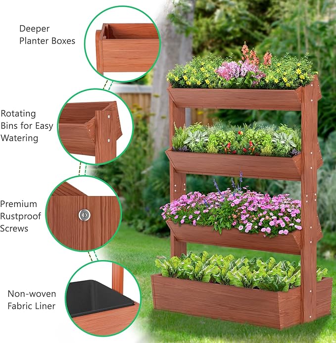 DoCred Vertical Wooden Raised Garden Bed, 4 Tier Garden Planters Freestanding Wood Plant Stand Flower Rack Wooden Planter Box for Plants Herbs Flowers Vegetables Outdoor Indoor Gardening