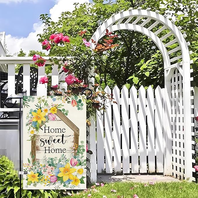 Baccessor Spring Summer Garden Flag 12.5 x 18 Inch, Home Sweet Home Eucalyptus Floral Double Sided Burlap Welcome Small Yard Flag Seasonal Holiday Lawn Proch Outdoor Outside Decor