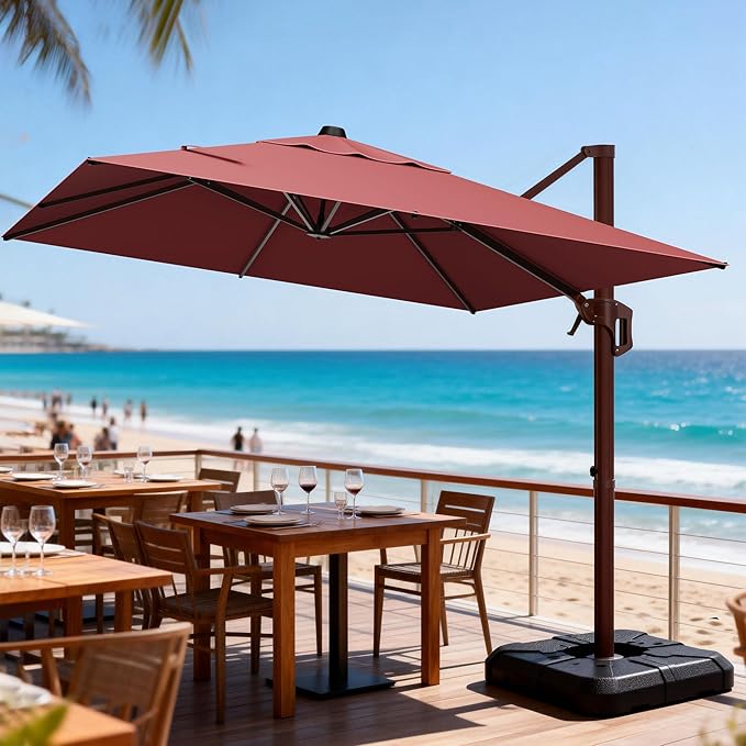 9' X 12' Cantilever Patio Umbrella Rectangle Outdoor Umbrella, 6-Level Tilt & 360° Rotation Offset Umbrella for Garden, Deck, Pool (Red)