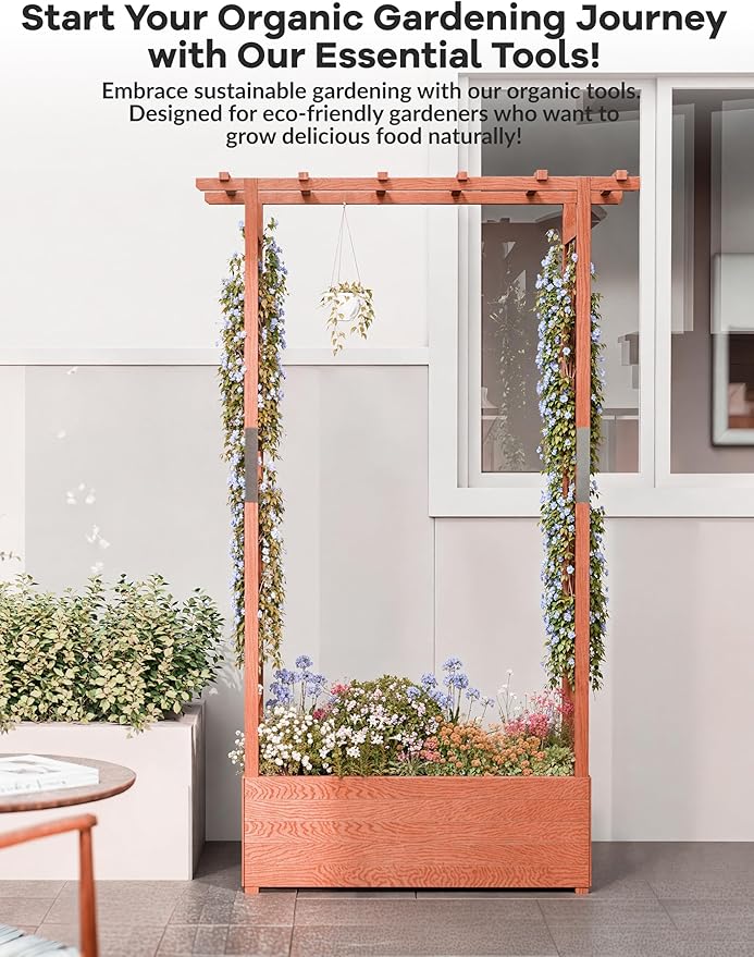 Elevated Garden Bed with Arch Trellis & Hanging Roof for Vine Climbing Plants, Wood Planter Box with Hanging Roof, Side Trellis, 4 Drainage Holes,Above Ground Raised Garden Bed, 43"x17"x72"