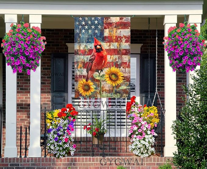 Cardinal Bird House Flag 28x40 Inch Double Sided, Patriotic 4th of July Sunflowers American Burlap Yard Flag for Memorial Day Independence Day Holiday Outside Decorations