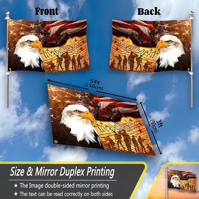 We The People American Flag 3x5 Ft Memorial Day 4th of July Independence Day Flag Polyester Mirror Printing for Outdoor House Yard Indoor, Bald Eagle Amrican Flag Patriotic Freedom Flag Banner Decor