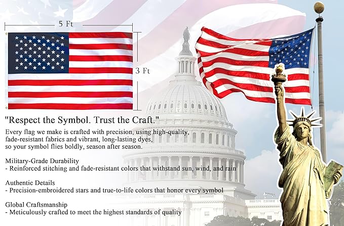 American Flag 3x5 ft Outdoor Heavy Duty - Embroidered Outside US Flags with 2 Grommets for Porch, Pole, Wall (All-Weather USA Banner)