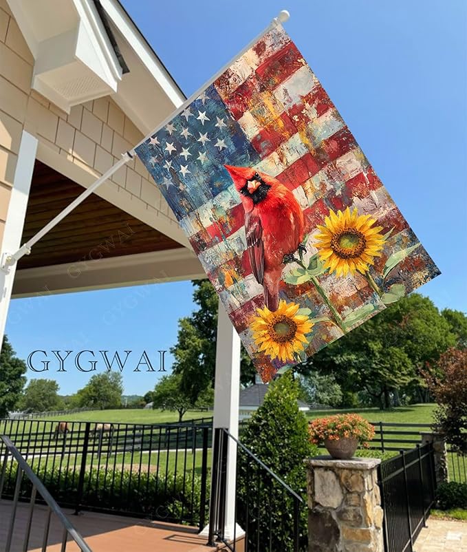 Cardinal Bird House Flag 28x40 Inch Double Sided, Patriotic 4th of July Sunflowers American Burlap Yard Flag for Memorial Day Independence Day Holiday Outside Decorations