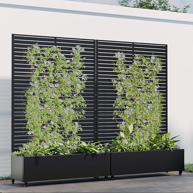 Casaphoria 72"x47" Metal Raised Garden Bed with Trellis(2 Pack), Outdoor Planter Box with Wheels & Drainage Holes for Climbing Plants, Flowers, Elevated Garden Kit with Privacy Screen, Black-Louvered