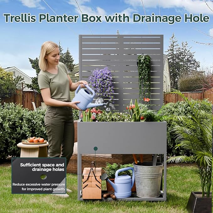 Metal Planter Box, Multi-Functional & Easy to Assemble, 67" H x 35" W Raised Garden Bed for Climbing Plants, Elevated Standing Garden Planter with Drainage Holes for Outdoor Patio, Grey