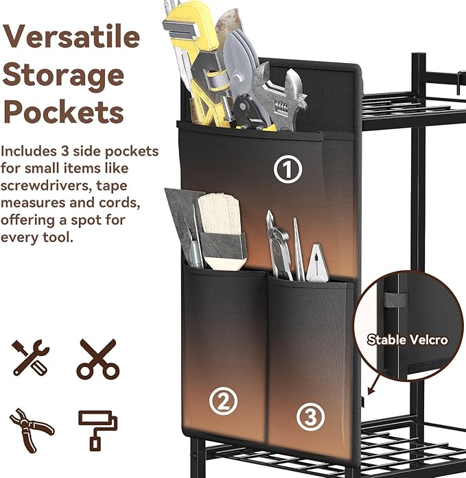 Garden Tool Organizer, Heavy Duty Yard Tool Holder Rack with Hooks and Pockets, Rolling Metal Garage Tool Storage Cart for Outdoor, Black