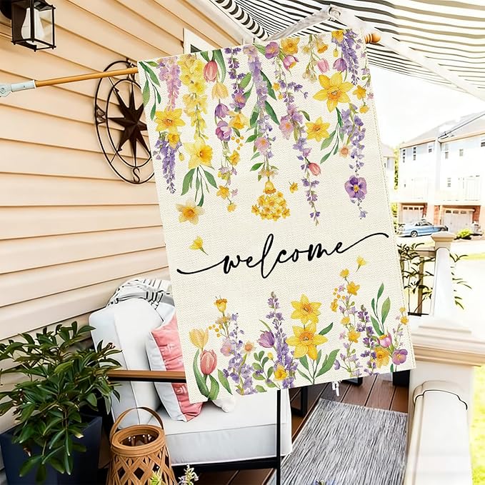 Baccessor Spring Summer House Flag 28 x 40 Inch, Wisteria Daffodil Floral Double Sided Burlap Welcome Large Yard Flag Seasonal Holiday Lawn Proch Outdoor Outside Decor