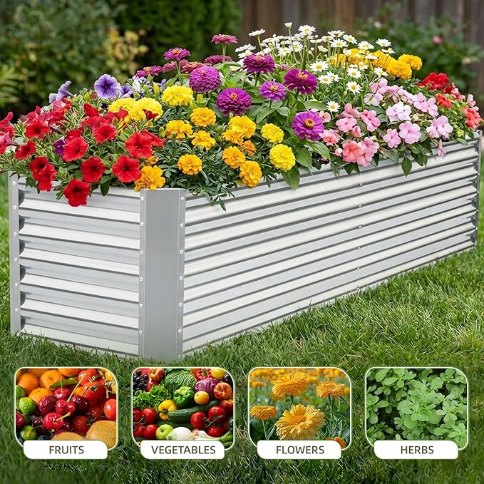 8x2x1.86ft Raised Garden Bed - Galvanized Deep Root Planter Boxes Outdoor with Wing Nuts and Safety Edges for Gardening Vegetables, Flowers, Herbs, Succulents - Silver