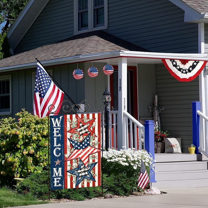 Welcome 4th of July House Flags for Outdoor, Patriotic American Stars and Stripes Large Yard Decorations, Decorative Decor for Summer 250th USA Anniversary Holiday Outside 28x40 Inch Double Sided