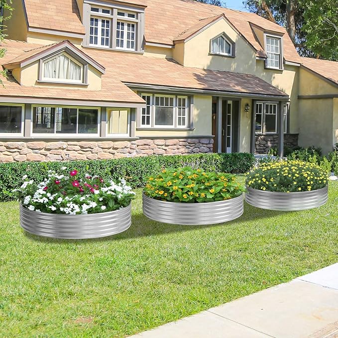 PINPON 5x5x1ft Round Galvanized Raised Garden Bed Outdoor, Large Metal Planter Box for Vegetables, Sturdy Above Ground Garden Bed for Backyard, Patio, and Fire Pit Ring