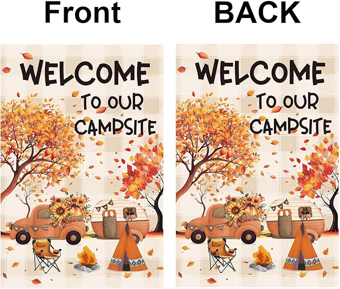 12x18inch Fall Camping Garden Flags Welcome To Our Campsite Garden Flag Double Sided Polyester Outdoor Decor Camping Flags For Campsite Home Yard Party Decoration (CP6)