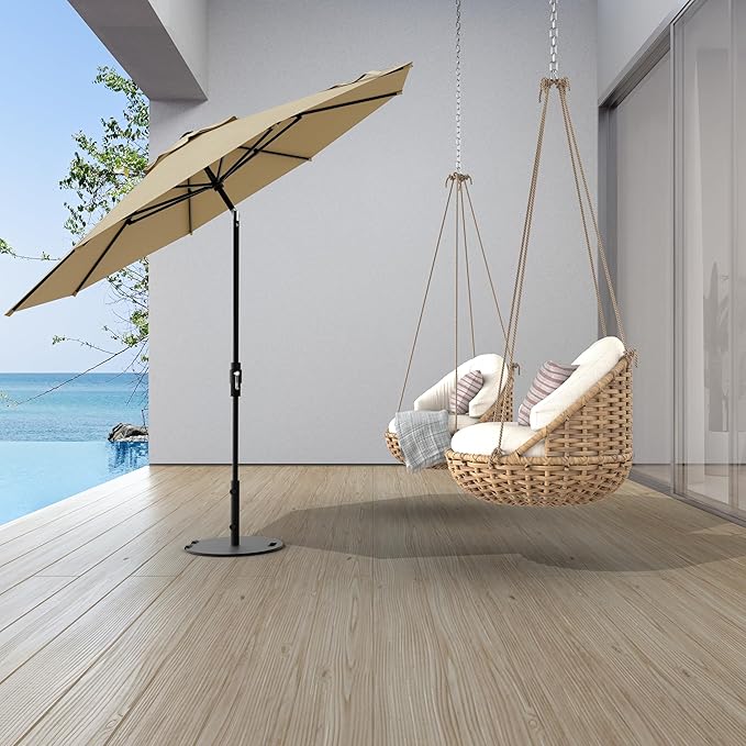 The Swilt 9 Feet Outdoor Umbrella With Terylast Chestnut (Beige) Polyester Fabric - Fiberglass Ribs, Auto-Tilt And Swivel Aluminum Frame Patio Umbrella For Deck, Garden, Pool - Black Pole