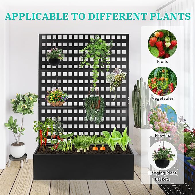 Metal Planter Box with Trellis Raised Garden Bed with Drainage Holes， Privacy Planters for Patio as a Privacy Screen for Climbing Plants Outdoor (46x18x71Inch)