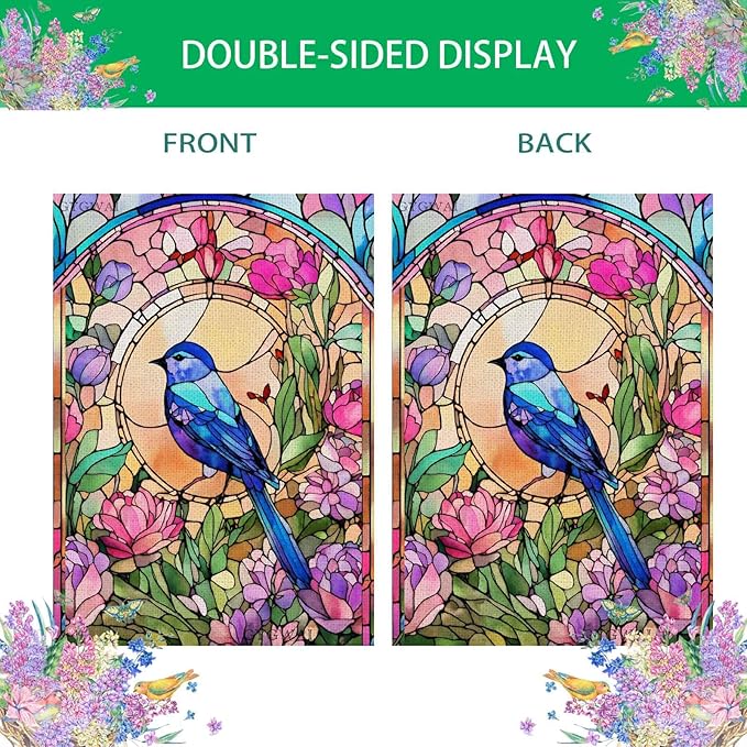 Stained Glass Hummingbird Garden Flags for Outside Spring Summer House Flag Flowers Large Burlap Yard Flag 28x40 Inch Double Sided Seasonal Outside Decoration